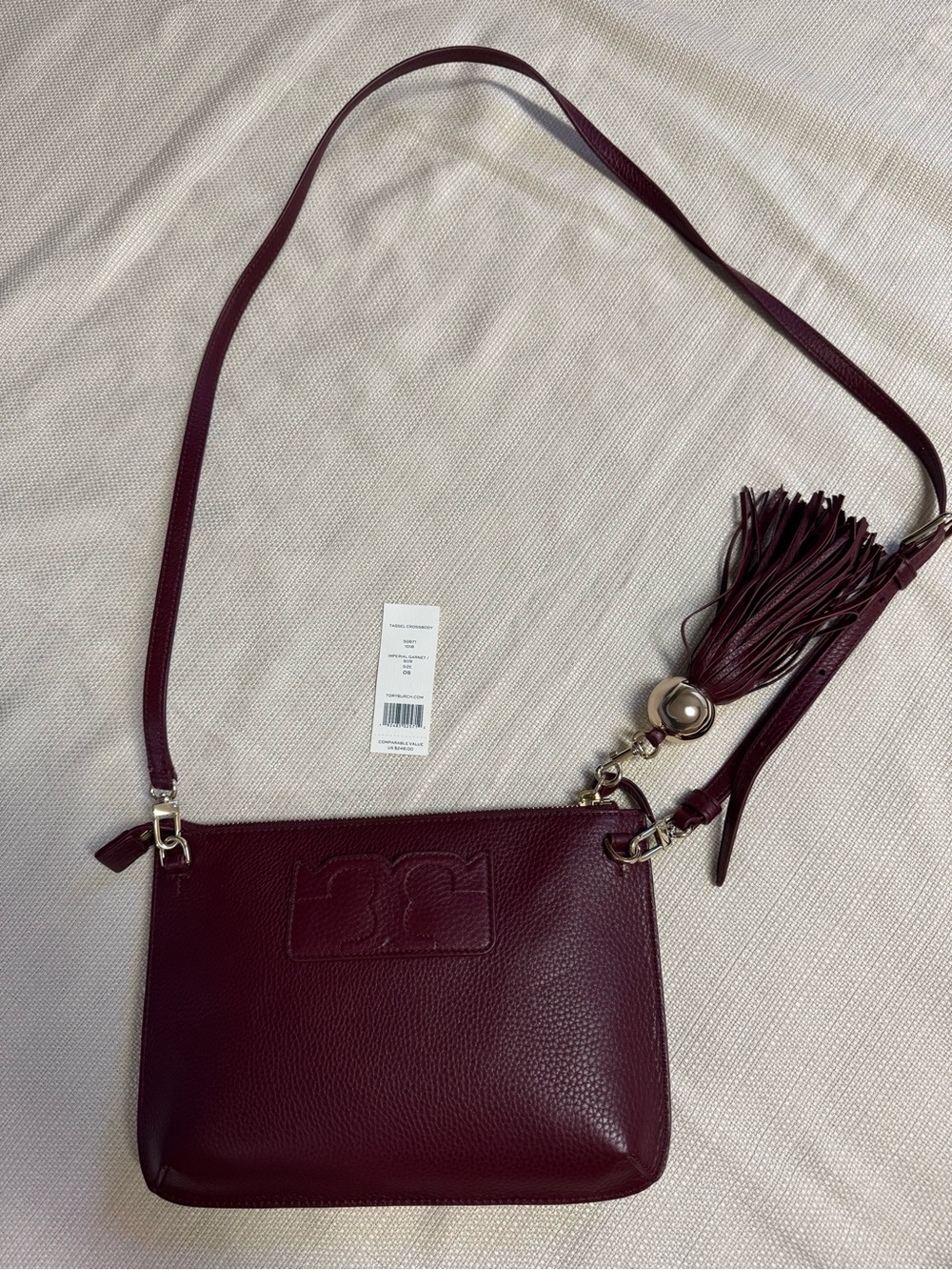 NWT Tory Burch Imperial Garnet Red Burgundy Leather Tassel Crossbody Clutch Bag
